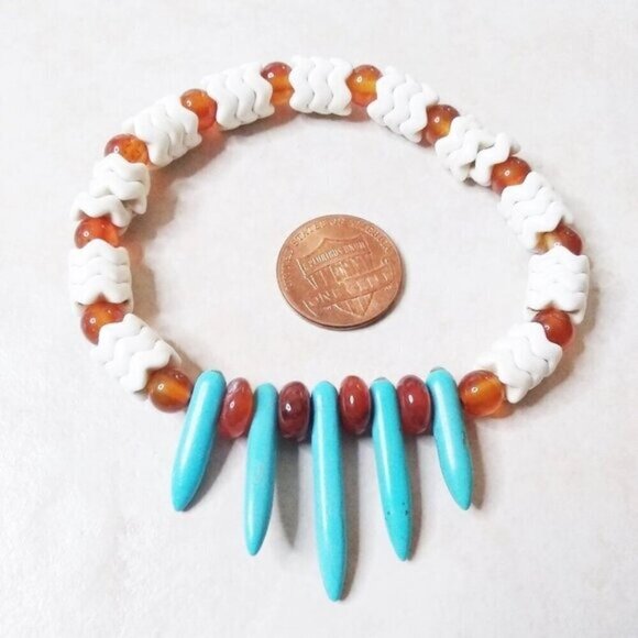 Coastal Cowgirl! Beaded Bracelet + 3" Earring Set: Howlite Spikes + Agate Beads - Picture 9 of 13